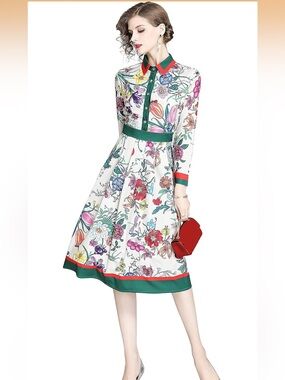 Lai Meng 5 Cats Floral Print Midi Dress with Green Trim - Women Dresses Size XXL
